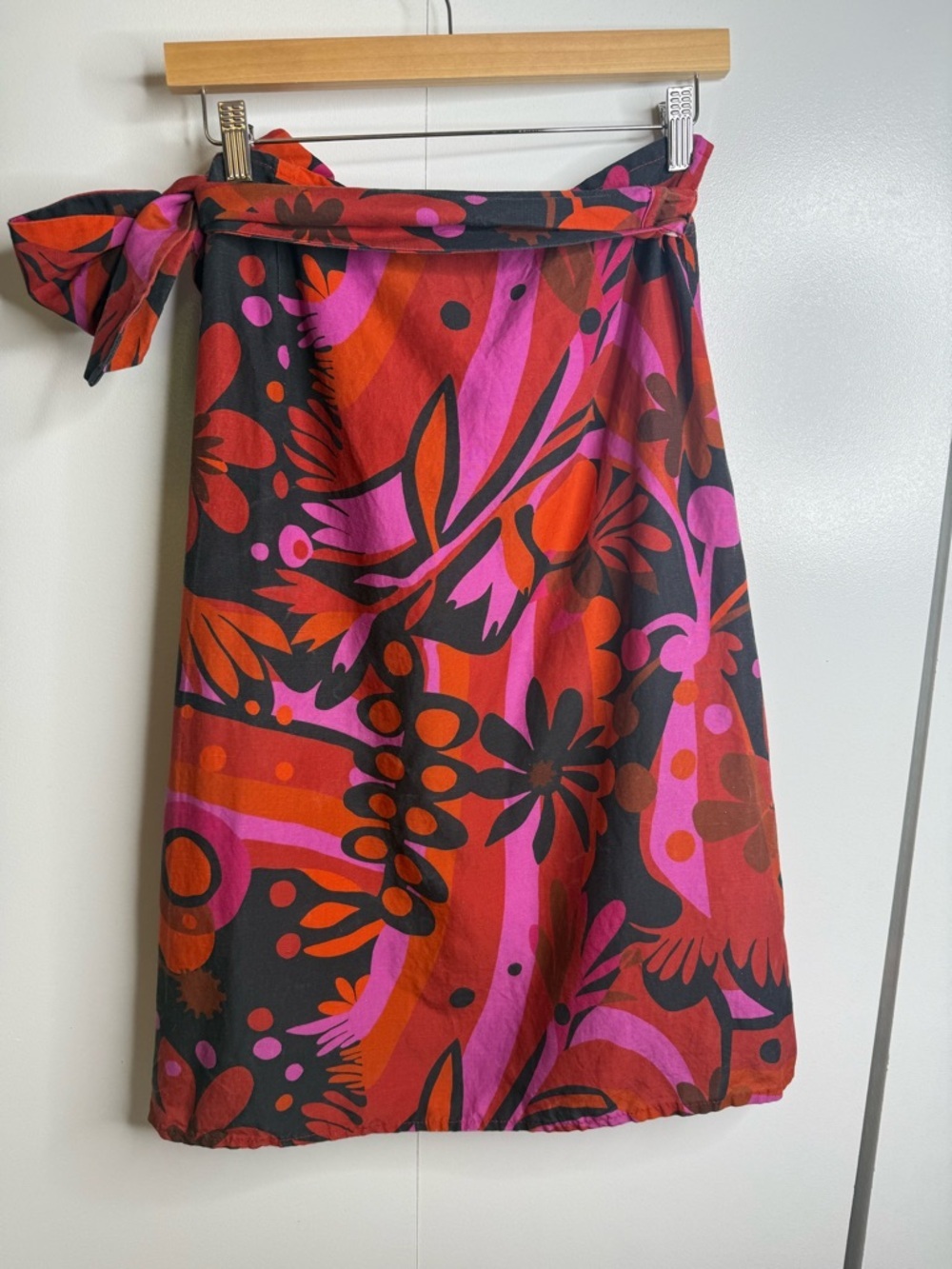 Lesley Evers Colorful Floral Red Orange Tencel Linen Wrap Knee Length Skirt S - Picture 5 of 8